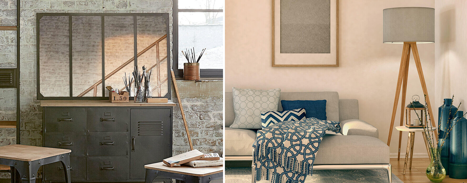 habitación decorada con espejo industrial y textil tendencia
