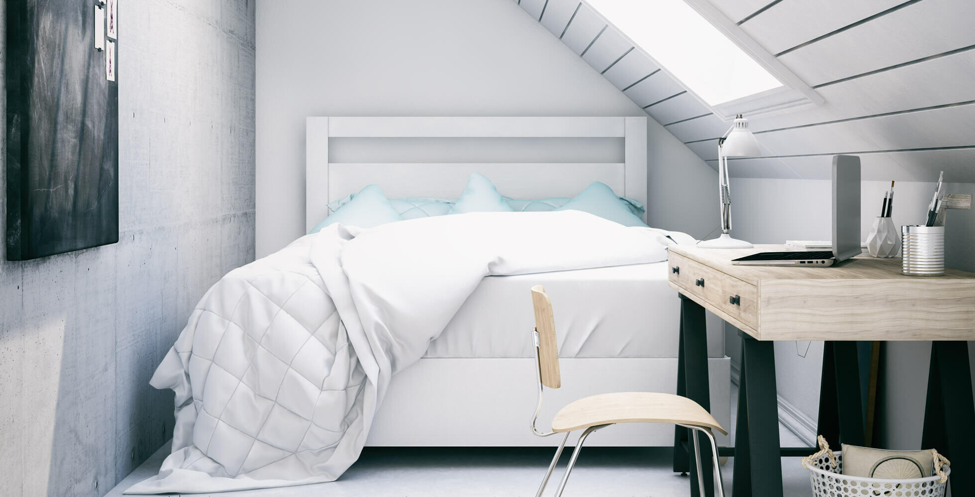 dormitorio pequeño bajo techo con ventana velux